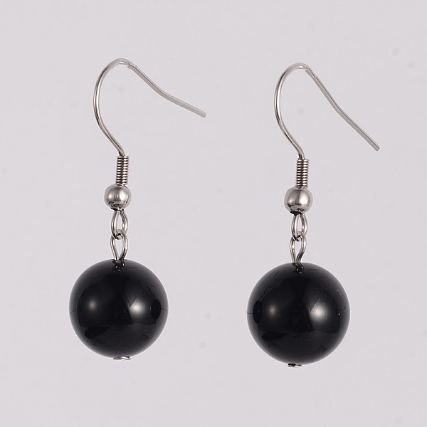 

PandaHall Round 304 Stainless Steel Natural Black Agate Dangle Earrings, 35mm, Pin: 0.8mm Black Agate