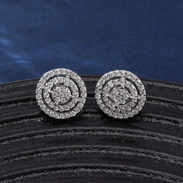 Brass Micro Pave Clear Cubic Zirconia Flat Round Stud Earrings