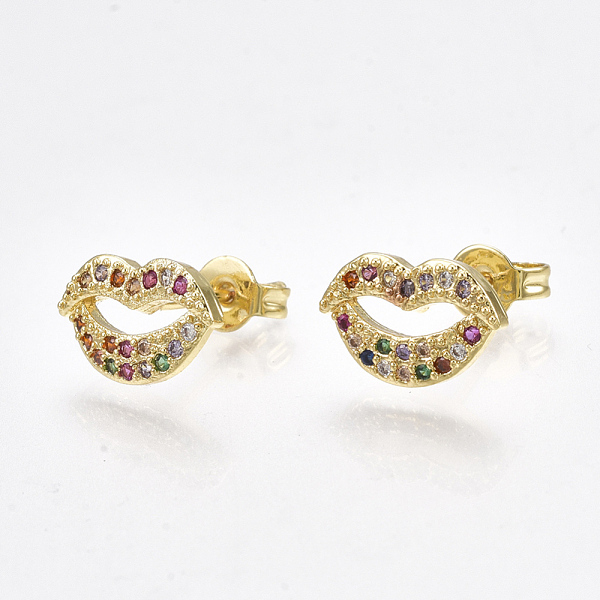 

PandaHall Brass Micro Pave Cubic Zirconia(Random Mixed Color) Ear Studs, with Ear Nuts, Lip, Golden, 7.5x10.5mm, Pin: 0.7mm Cubic Zirconia