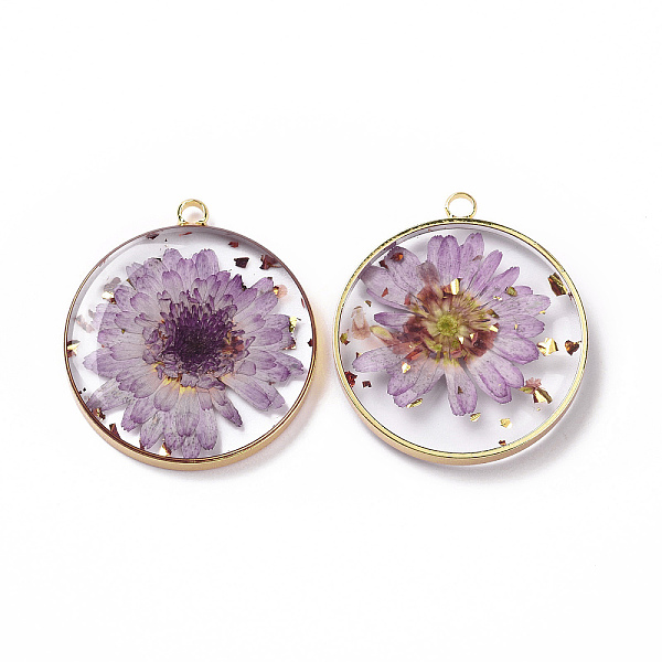

PandaHall Transparent Clear Epoxy Resin Pendants, with Edge Golden Plated Brass Loops and Gold Foil, Flat Round Charms with Inner Flower..., Purple