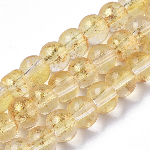 

PandaHall Transparent Spray Painted Glass Bead Strands, with Golden Foil, Round, Gold, 4~5mm, Hole: 0.9~1.2mm, about 95~103pcs/Strand, 13.78...