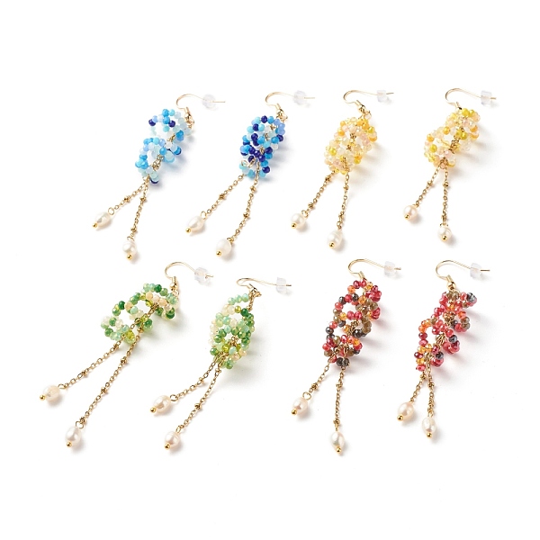 PandaHall Spiral Glass Beads Dangle Earrings, Long Tassel Drop Earrings for Women, Mixed Color, 90mm, Pin: 0.5mm Glass Multicolor
