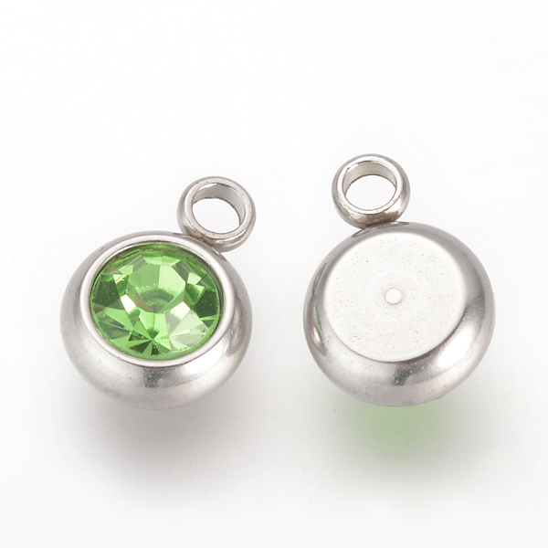 

PandaHall 201 Stainless Steel Rhinestone Charms, Flat Round, Peridot, 8.5x6x3mm, Hole: 1.5mm Stainless Steel+Rhinestone Flat Round Green