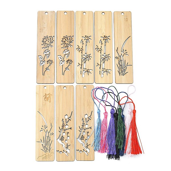 

PandaHall SUPERFINDINGS 8Pcs Chinese Style Bamboo Bookmarks, Rectangle with Plum Blossom/Cymbidium/Bamboo/Chrysanthemum Pattern, with 8Pcs..., Multicolor