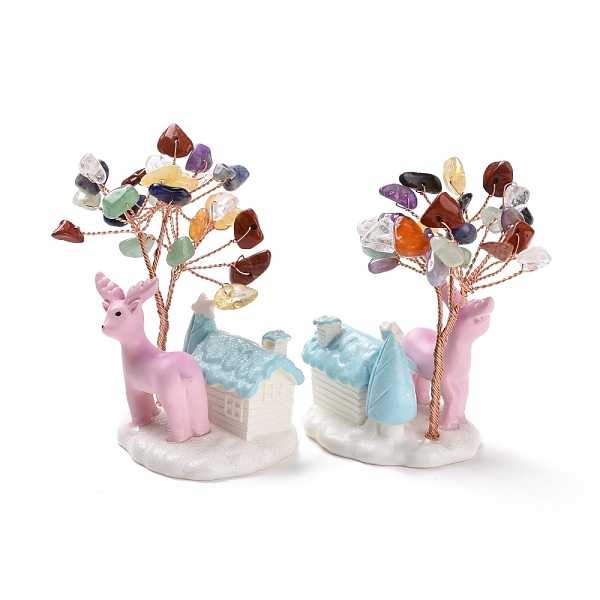 

PandaHall Natural Gemstone Tree Display Decoration, Resin House with Christmas Reindeer Feng Shui Ornament for Wealth, Luck, Rose Gold Brass...