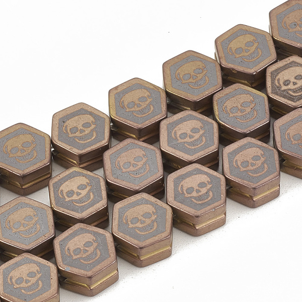 

PandaHall Electroplate Non-magnetic Synthetic Hematite Beads Strands, Matte Style, Hexagon with Skull, Copper Plated, 10x9.5x5mm, Hole...