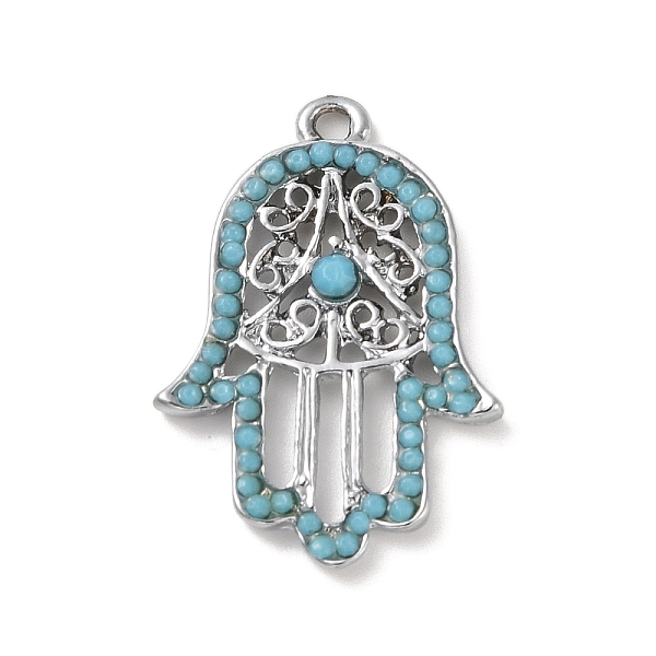 

PandaHall Alloy Pendants, with Glass Rhinestone, Hamsa Hand with Evil Eye, Platinum, 32x22x3mm, Hole: 2mm Alloy+Rhinestone Hamsa Hand Cyan