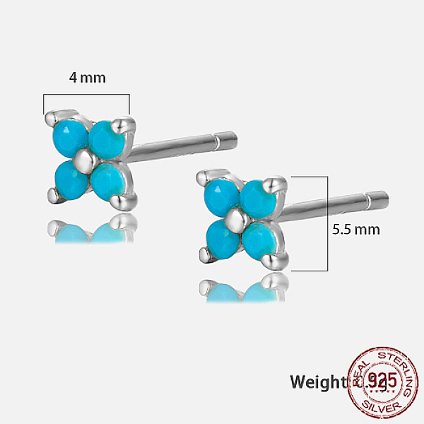 PandaHall Platinum Rhodium Plated Sterling Silver Flower Stud Earrings, with Cubic Zirconia, with S925 Stamp, Turquoise, 4x4mm Cubic...