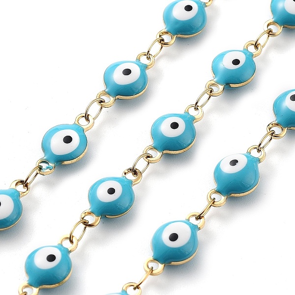 

PandaHall 304 Stainless Steel Link Chains, with Resin & Enamel & Spool, Unwelded, Real 18K Gold Plated, Eye, Light Sky Blue, 11x6x4mm, about...
