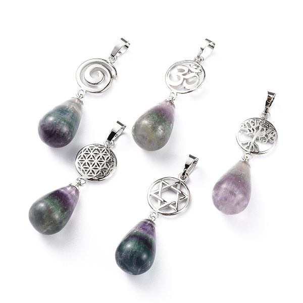 

PandaHall Yoga Chakra Jewelry, Natural Fluorite Pendants, with Platinum Plated Brass Findings, Teardrop & Votex/Om Symbol/Tree of...