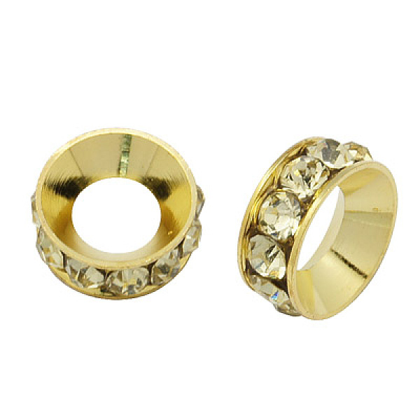 

PandaHall Brass Rhinestone Spacer Beads, Grade A, Rondelle, Golden Metal Color, Jonquil, 10x4.2mm, Hole: 5.2~5.7mm Brass+Rhinestone Rondelle..., Yellow