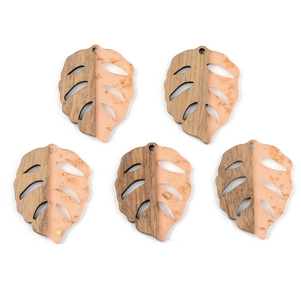

PandaHall Transparent Resin & Walnut Wood Pendants, with Gold Foil, Leaf, Dark Salmon, 37x28x3mm, Hole: 2mm Resin+Wood Leaf Red