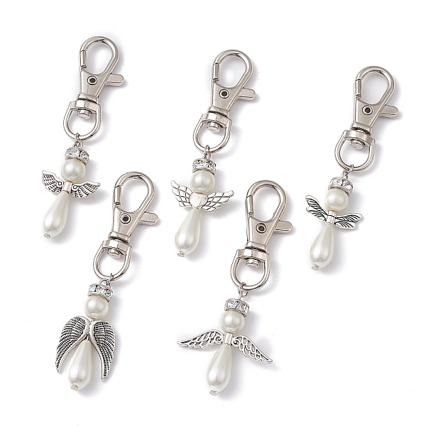PandaHall Angel Alloy & Glass Pearl Beads Pendants Decorations, with Lobster Clasp, Antique Silver, 75~77mm Alloy Angel & Fairy