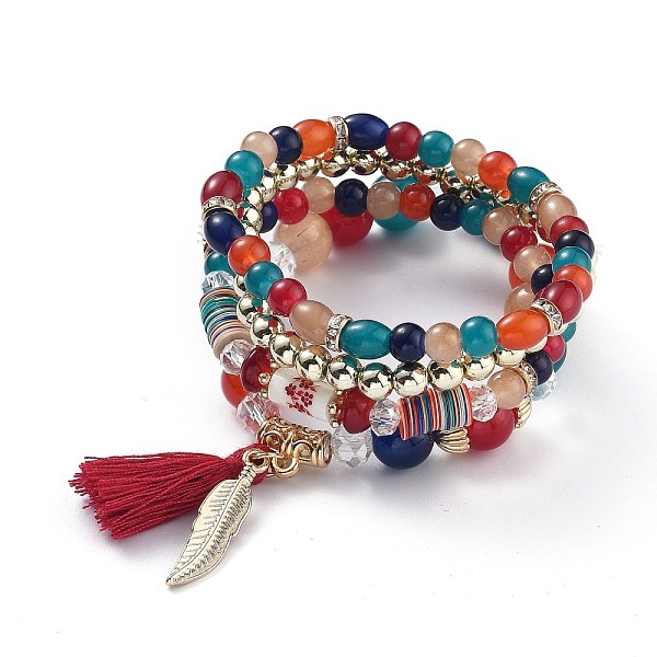 

PandaHall Multi-layered Stretch Bracelets Sets, Stackable Bracelets, with Acrylic Beads, Golden Plated Alloy Findings and Yarn Tassel...
