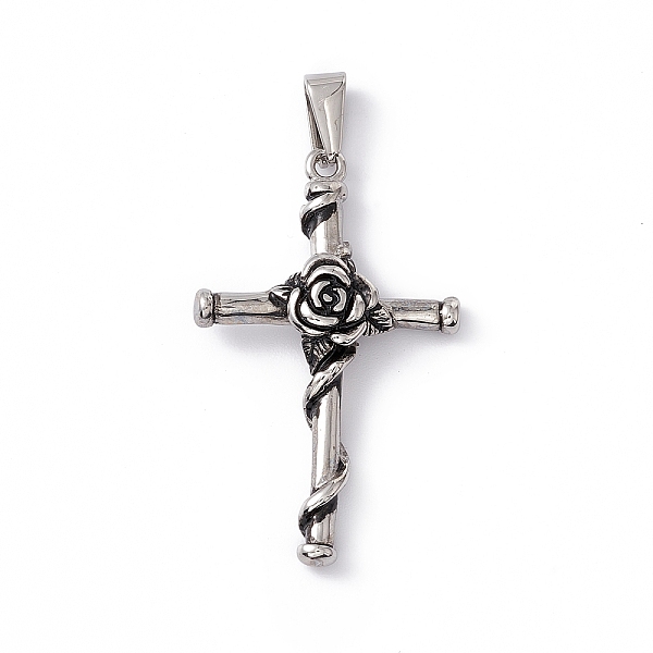 

PandaHall 304 Stainless Steel Pendants, Cross with Rose Charms, Antique Silver, 40x24.5x6mm, Hole: 3x7mm 304 Stainless Steel Cross