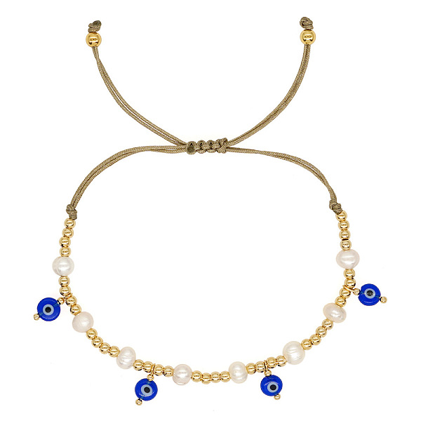 

PandaHall Handmade Pearl and Glass Beaded Heart Charm Bracelet for Women with Unique Flat Eyes Design, Blue, 0.1cm Pearl Blue