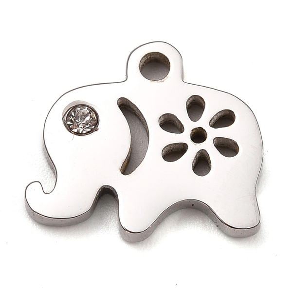

PandaHall 304 Stainless Steel Charms, Manual Polishing, with Crystal Rhinestone, Elephant, Stainless Steel Color, 11x12x1.2mm, Hole:1.8mm..., Clear
