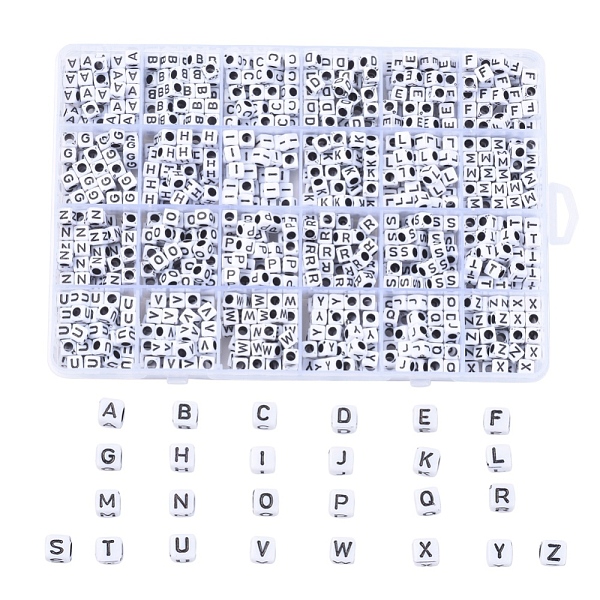 

PandaHall Craft Acrylic Beads, Alphabet Style, Horizontal Hole, Cube, Letter A~Z, 6x6x6mm, Hole: 3mm, about 934pcs/box Acrylic Letter A~Z..., White