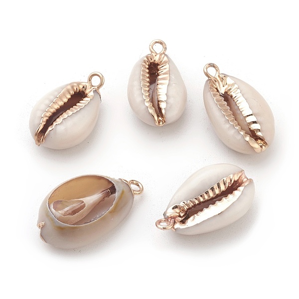 

PandaHall Electroplate Cowrie Shell Pendants, with Iron Findings, 16~24x8~13x6~7mm, Hole: 1.8mm Cowrie Shell Shell Shape