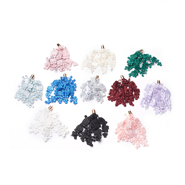 

PandaHall Brass Big Pendants, with Lace, Flower, Golden, Mixed Color, 73~90x7mm, Hole: 1.6mm Cloth Flower Multicolor