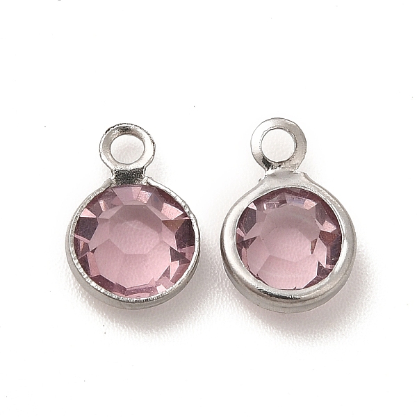 

PandaHall 304 Stainless Steel with Glass Charms, Stainless Steel Color, Faceted Flat Round, Flamingo, 9.5x6.5x2mm, Hole: 1.5mm Stainless..., Pink