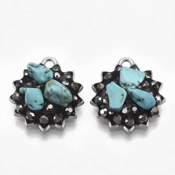 

PandaHall Alloy Pendants, with Synthetic Turquoise and Rhinestone, Enamel, Flower, Black, Platinum, Jet Hematite, 21x19x7~8mm, Hole: 1.8mm...