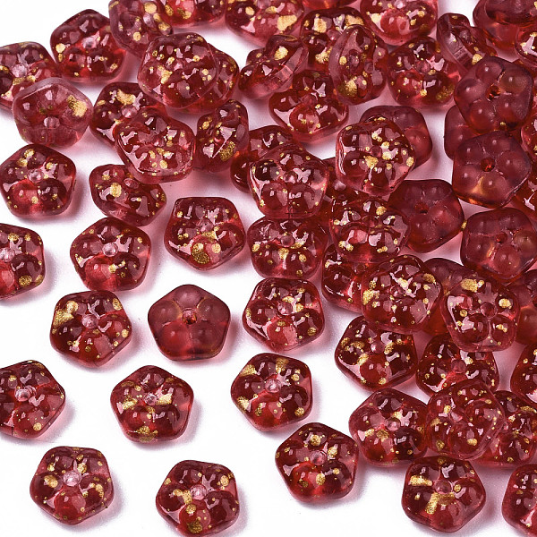 

PandaHall Spray Painted Glass Beads, with Gold Foil, Flower, FireBrick, 6x3mm, Hole: 0.9mm Glass Flower Red