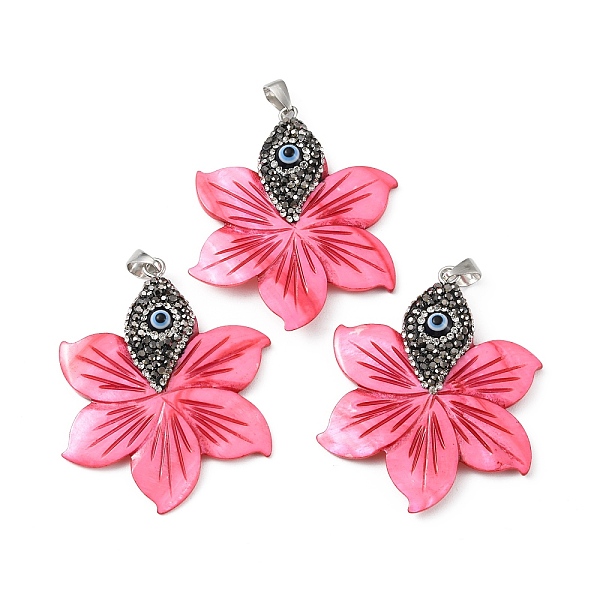 

PandaHall Natural White Shell Dyed Big Pendants, Flower Charms with Iron Polymer Clay Rhinestone Findings, Camellia, 55x44x7.5mm, Hole..., Pink