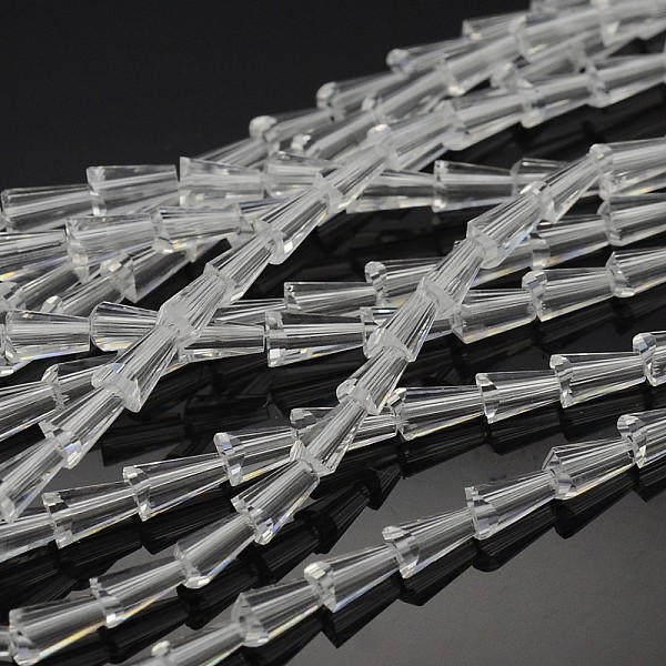 

PandaHall Faceted Cone Glass Beads Strands, Clear, 6x3.5mm, Hole: 1mm, about 100pcs/strand, 22.8 inch Glass Cone Clear