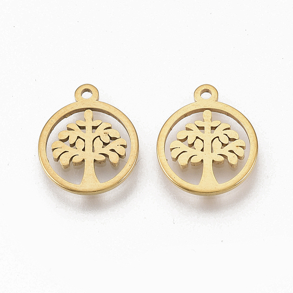 

PandaHall 201 Stainless Steel Charms, Flat Round with Tree of Life, Golden, 12x10x1mm, Hole: 1mm 201 Stainless Steel Flat Round