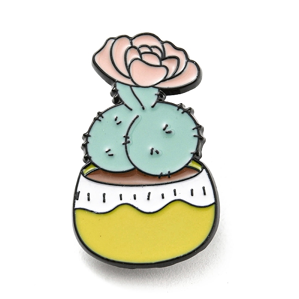 PandaHall Cactus & Flower Enamel Pins, Black Alloy Brooches for Backpack Clothes, Pale Turquoise, 30x18x1.5mm Alloy+Enamel Cactus