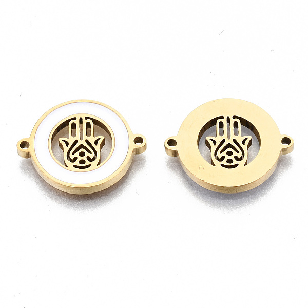 

PandaHall 304 Stainless Steel Enamel Links Connectors, Laser Cut, for Religion, Flat Round with Hamsa Hand/Hand of Fatima/Hand of Miriam..., White