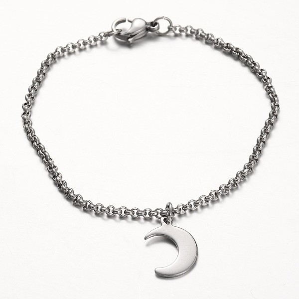 

PandaHall Moon Stainless Steel Charm Bracelets, with Rolo Chains and Lobster Claw Clasps, Stainless Steel Color, 7-1/4 inch(185mm) Stainless...