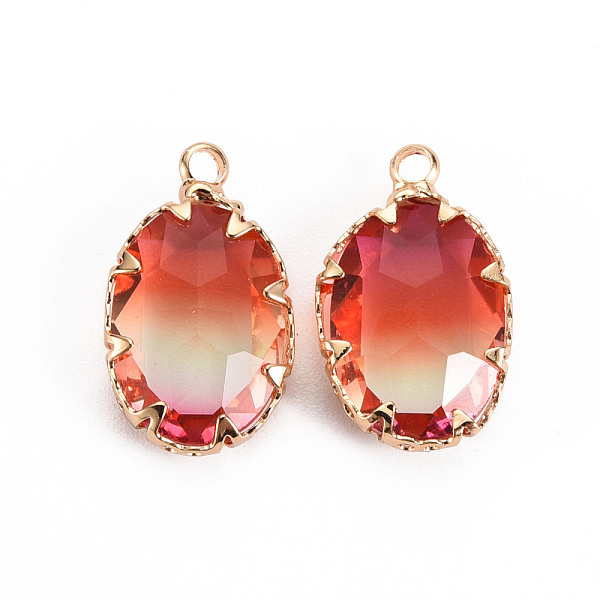 

PandaHall Gradient Color Glass Pendants, with Brass Prong Settings, Faceted, Oval, Light Gold, Tomato, 19x11x5.5mm, Hole: 1.6mm Brass+Glass..., Red