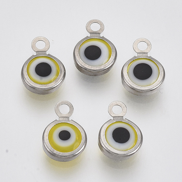 

PandaHall Handmade Lampwork Charms, with 304 Stainless Steel Findings, Flat Round with Evil Eye, Yellow, 9.5x6.5x2.5mm, Hole: 1.5mm Lampwork...
