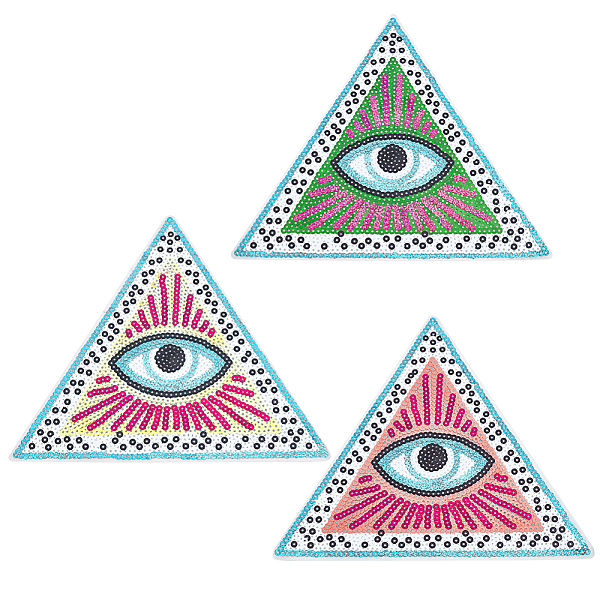 

PandaHall HOBBIESAY 3 Colors Sequin Bling Eye Patches 203-204mm Triangle Eye Iron on Patch Cartoon Motif Applique Embroidery Garment..., Multicolor