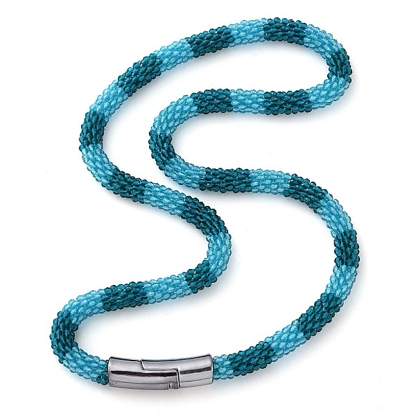 

PandaHall Glass Crochet Beaded Necklace, Fashion Nepal Necklace with Alloy Magnetic Clasps, Light Sky Blue, 17.87 inch(45.4cm) Glass