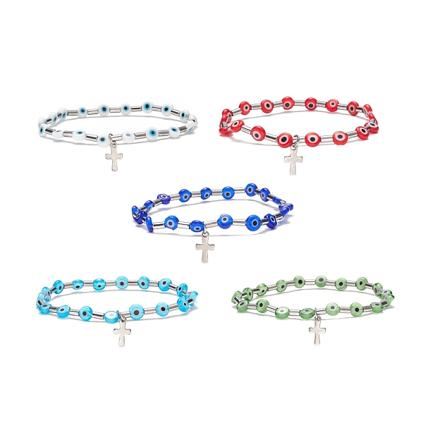 

PandaHall Lampwork Evil Eye & Stainless Steel Column Beaded Stretch Bracelet with Cross Charm for Women, Mixed Color, Inner Diameter: 2-1/8..., Multicolor