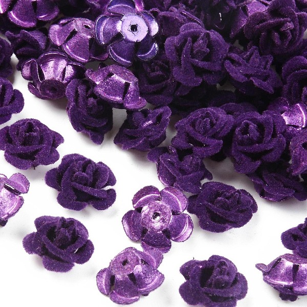 

PandaHall Flocky Aluminum Beads, Rose Flower, Indigo, 15x15x9mm, Hole: 1.4mm, about 1000pcs/bag Aluminum Flower Purple