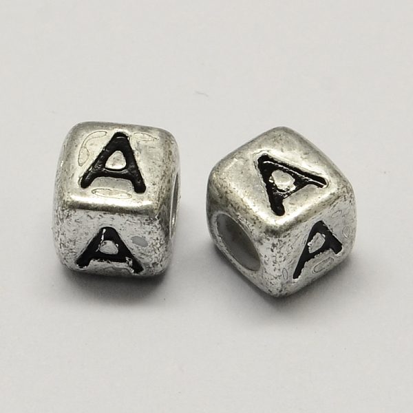 

PandaHall Antique Silver Plated Large Hole Acrylic Letter European Beads, Horizontal Hole, Cube with Letter.A, 6x6x6mm, Hole: 4mm, about...