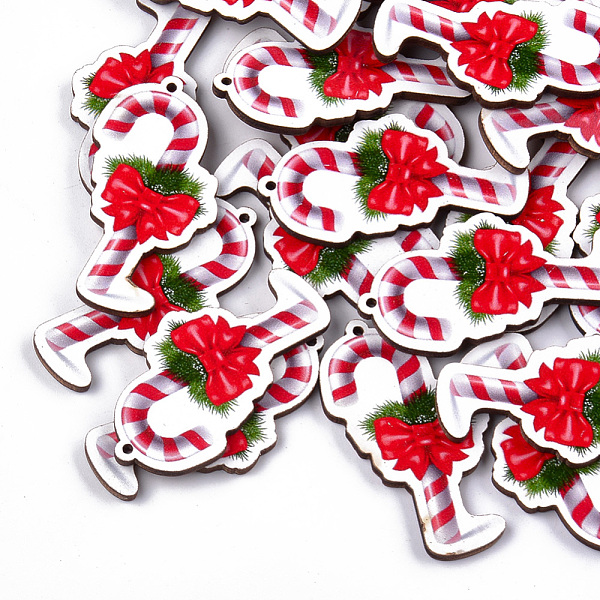 

PandaHall Printed Basswood Big Pendants, Back Random Color, Christmas Crutches, Red, 52x29x3mm, Hole: 1.8mm Wood Others Red