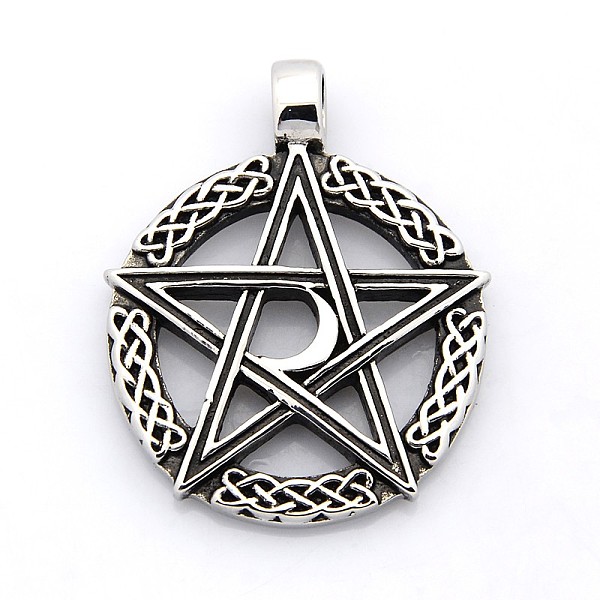 

PandaHall Retro 304 Stainless Steel Ring with Pentagram Pendants, Antique Silver, 43x35x4mm, Hole: 5mm 304 Stainless Steel Ring