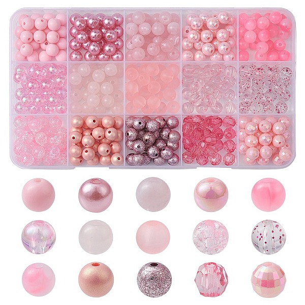 

PandaHall 375Pcs 15 Styles Acrylic Beads, Round, Pink, 7.5~8mm, Hole: 1.5~2mm, 25pcs/style Acrylic Round Pink