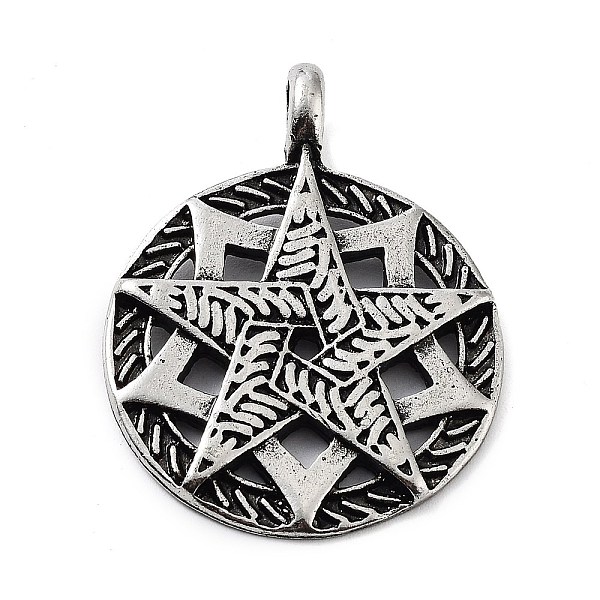 

PandaHall Tibetan Style Alloy Pendants, Flat Round with Star, Antique Silver, 42x32.5x3mm, Hole: 5mm Alloy Flat Round