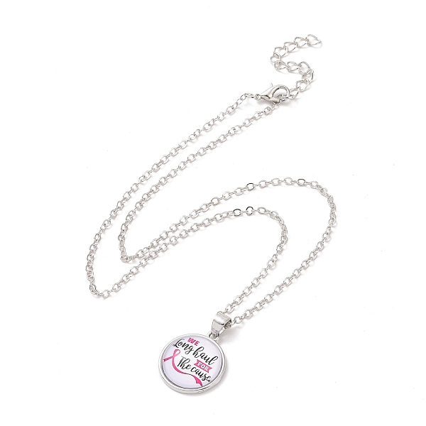 

PandaHall Glass Flat Round Pendant Necklace with Brass Chain, Breast Cancer Awareness Ribbon Jewelry for Women, Word, 18.70 inch(47.5cm)...