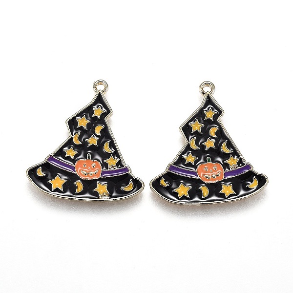 

PandaHall Halloween Theme Witch Hat Alloy Enamel Pendants, Magic Hat with Star and Moon & Pumpkin Pattern, Light Gold, 26.5x24.5x1.5mm, Hole...