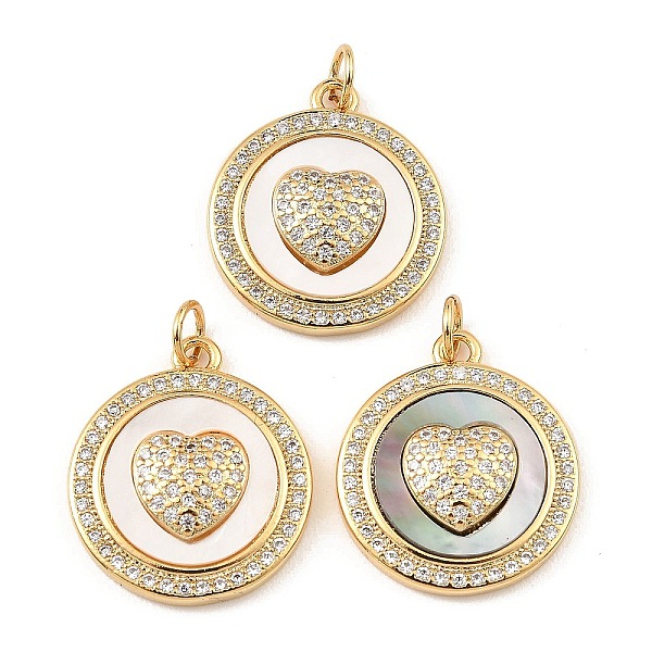 

PandaHall Brass Cubic Zirconia with Shell Pendants, Long-Lasting Plated, Lead Free & Cadmium Free, Flat Round with Heart, Real 18K Gold..., Clear