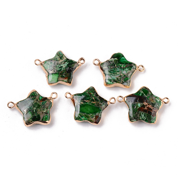 

PandaHall Synthetic Gold Line Regalite/Imperial Jasper/Sea Sediment Jasper Links Connectors, with Light Gold Plated Brass Edge, Dyed, Star..., Green