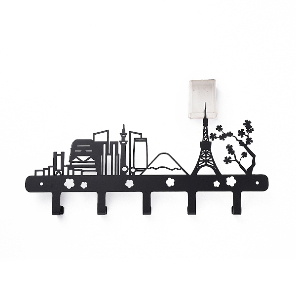 

PandaHall Iron Wall Mounted Hook Hangers, Decorative Organizer Rack with 5 Hooks, for Bag Clothes Key Scarf Hanging Holder, City Landmark..., Black
