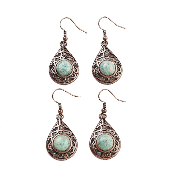 

PandaHall Natural Amazonite Teardrop Dangle Earrings, Red Copper Plated Hollow Brass Earrings for Women, 46.5x19.5mm Amazonite Teardrop